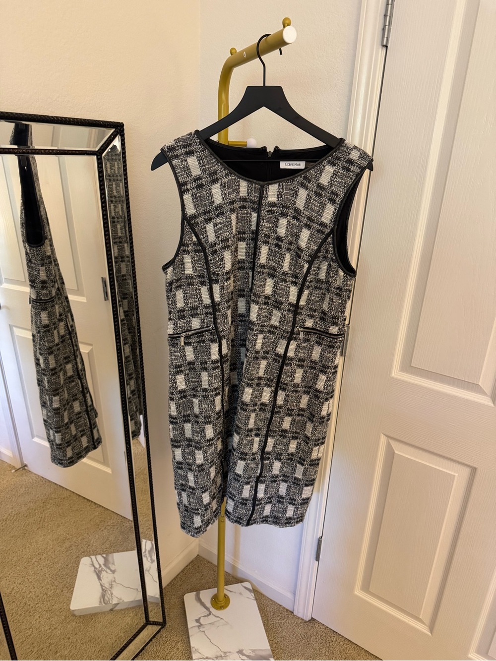 Calvin Klein Black and White Tweed Midi Sheath Dress